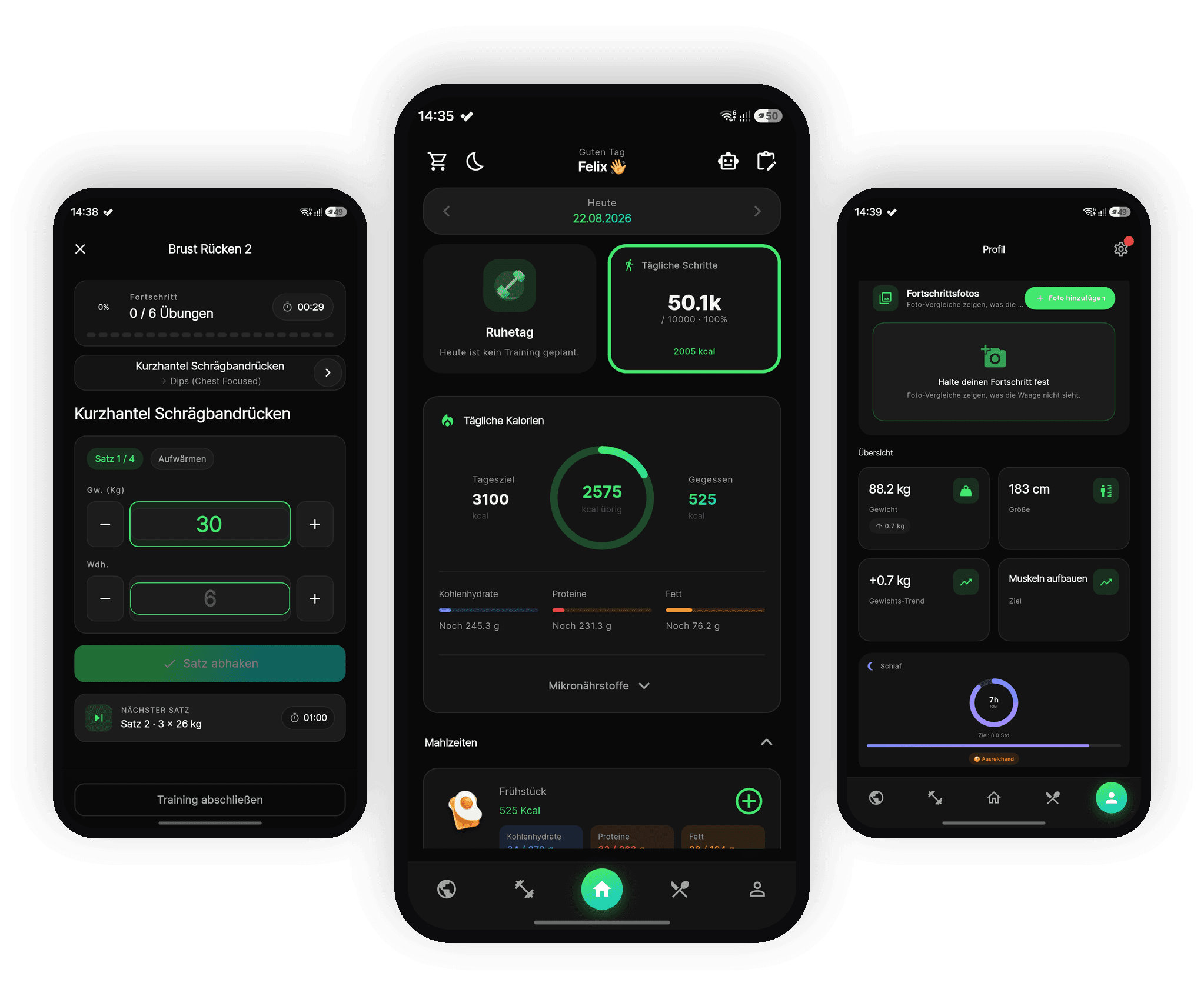 Pump It Club App: laufendes Training, Tagesübersicht mit Kalorien und Makros, Profil mit Fortschritt